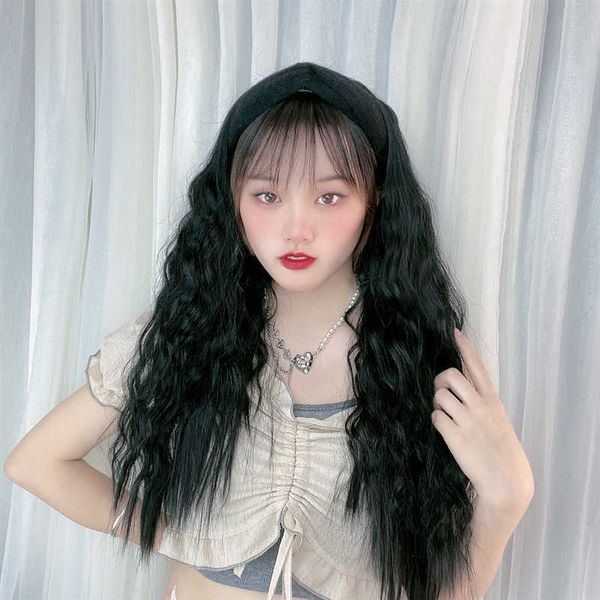 women's hair wigs lace synthetic wig women's band corn perm south korea tant noodle roll ffy wave long curly hair cap, Black
women's hair wigs lace synthetic wig women's band corn perm south korea tant noodle roll ffy wave long curly hair cap, Black
