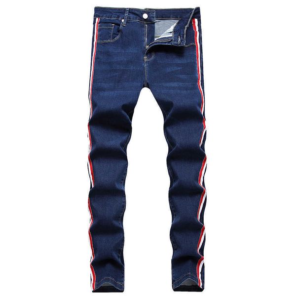 men's jeans men side stripe denim jeans navy blue stretch pants plus large size slim straight trousers t221102
men's jeans men side stripe denim jeans navy blue stretch pants plus large size slim straight trousers t221102