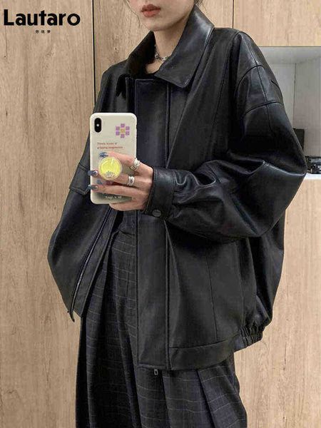 lautaro spring autumn cool retro casual oversized black waterproof soft faux leather jackets for women zipper elastic waist 2022 j220727
lautaro spring autumn cool retro casual oversized black waterproof soft faux leather jackets for women zipper elastic waist 2022 j220727