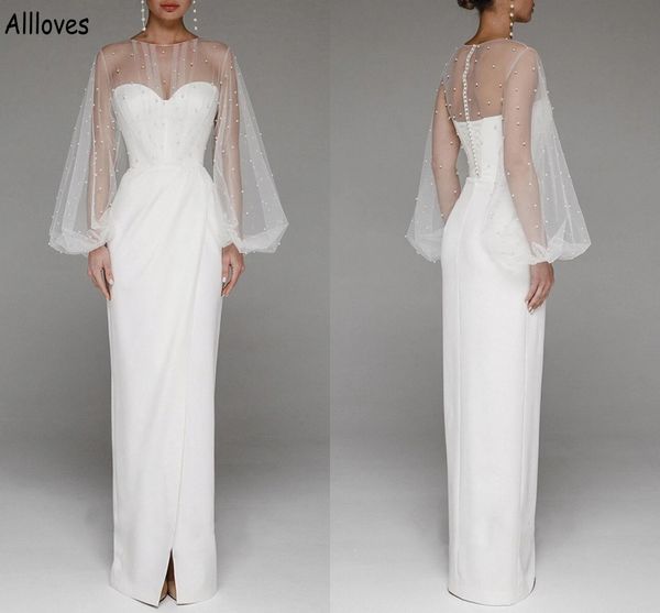 pearls puff illusion long sleeves sheath wedding dresses simple ivory satin sheer neck front split bridal gowns boho beach bride second rece, White
pearls puff illusion long sleeves sheath wedding dresses simple ivory satin sheer neck front split bridal gowns boho beach bride second rece, White