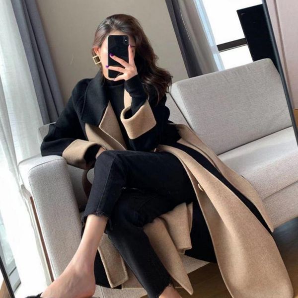 women's wool blends lady coat mid length buttons thermal contrast color loose winter overcoat for shopping 221114, Black
women's wool blends lady coat mid length buttons thermal contrast color loose winter overcoat for shopping 221114, Black