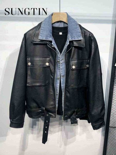 sungtin fashion fake two piece black leather jacket men with belt 2022 loose moto biker denim jackets female pu faux leather jackets j220727
sungtin fashion fake two piece black leather jacket men with belt 2022 loose moto biker denim jackets female pu faux leather jackets j220727
