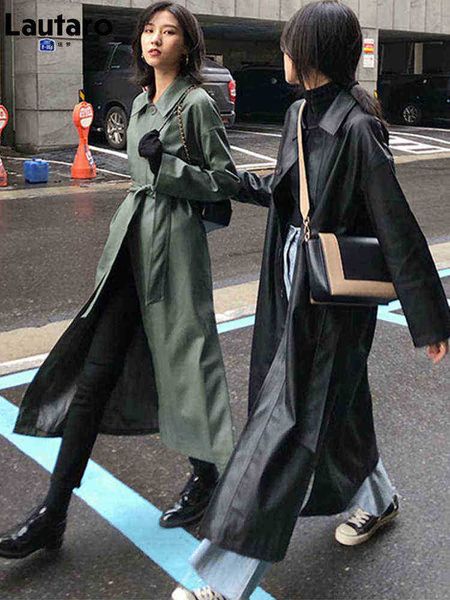 lautaro spring autumn long black green pu leather trench coat for women sharpening loose casual waterproof raincoat korean fashion j220727
lautaro spring autumn long black green pu leather trench coat for women sharpening loose casual waterproof raincoat korean fashion j220727