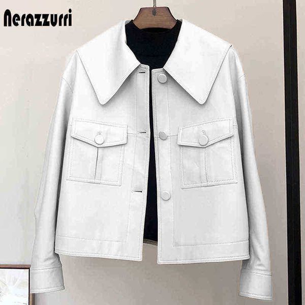 nerazzurri spring short light white leather jacket for women peter pan collar long sleeves casual leather jackets for women 2021 j220727, Black
nerazzurri spring short light white leather jacket for women peter pan collar long sleeves casual leather jackets for women 2021 j220727, Black