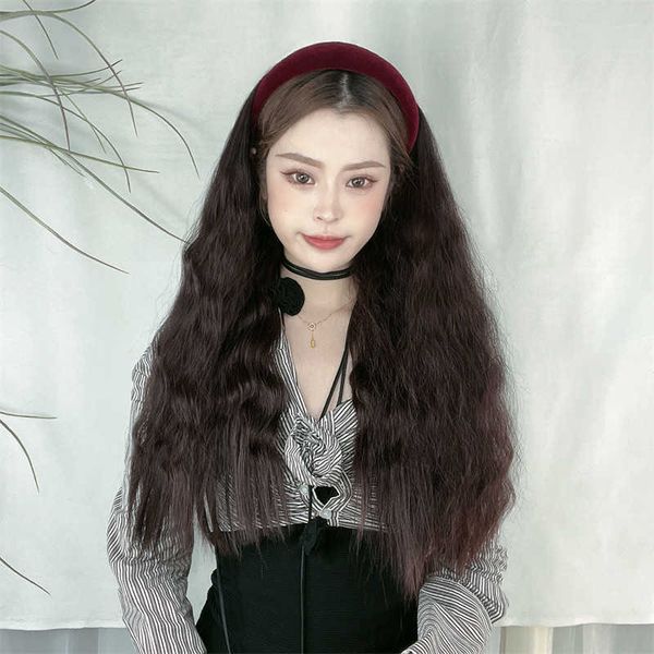 women's hair wigs lace synthetic wig female imitation corn perm curl net red band long hair half cap, Black
women's hair wigs lace synthetic wig female imitation corn perm curl net red band long hair half cap, Black