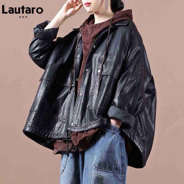 lautaro spring short black oversized faux leather jacket women raglan sleeves bags korean fashion clothing streetwear 2021 j220727
lautaro spring short black oversized faux leather jacket women raglan sleeves bags korean fashion clothing streetwear 2021 j220727