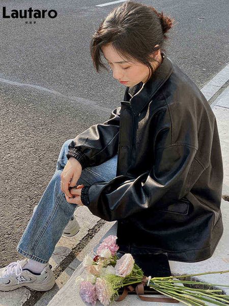 lautaro spring autumn black oversized waterproof soft leather shirt jacket women long sleeves korean style fashion 2022 j220727
lautaro spring autumn black oversized waterproof soft leather shirt jacket women long sleeves korean style fashion 2022 j220727