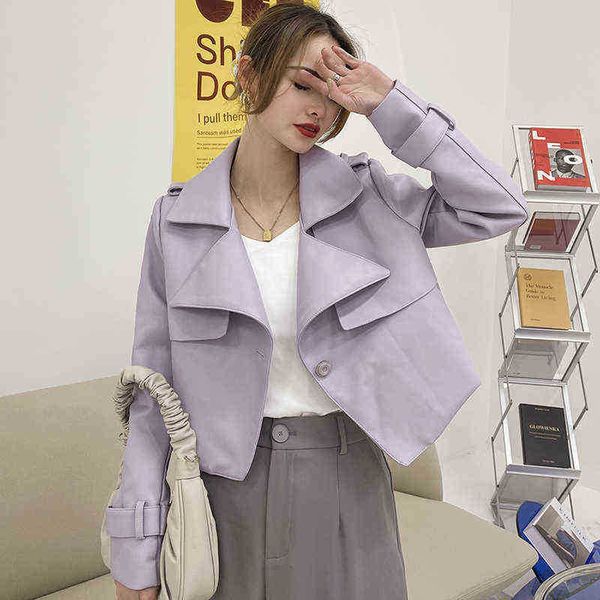 2022 korean single button slim soft faux pu leather jacket women purple short jacket spring long sleeves street biker jacket female j220727, Black
2022 korean single button slim soft faux pu leather jacket women purple short jacket spring long sleeves street biker jacket female j220727, Black