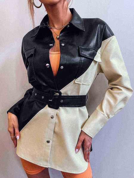 ailegogo autumn women two tone flap pocket knocked belted pu fax soft leather jacket streetwear female black white jacket outfit j220727
ailegogo autumn women two tone flap pocket knocked belted pu fax soft leather jacket streetwear female black white jacket outfit j220727
