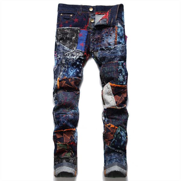 men's jeans men patchwork denim jeans trendy patches buttons fly beggar pants ripped slim straight trousers t221102, Blue
men's jeans men patchwork denim jeans trendy patches buttons fly beggar pants ripped slim straight trousers t221102, Blue