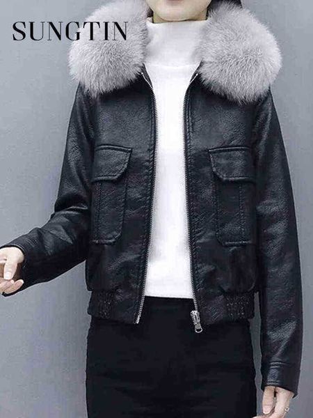 sungtin fur collar pu leather jacket for women zipper bags high waisted padded parka jackets thicker warm winter jackets female j220727, Black
sungtin fur collar pu leather jacket for women zipper bags high waisted padded parka jackets thicker warm winter jackets female j220727, Black
