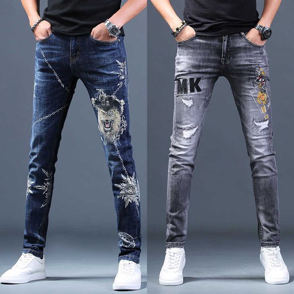 men's jeans men's ripped embroidered jeans spring summer slimming korea version casual thin denim long pants. t221102, Blue
men's jeans men's ripped embroidered jeans spring summer slimming korea version casual thin denim long pants. t221102, Blue