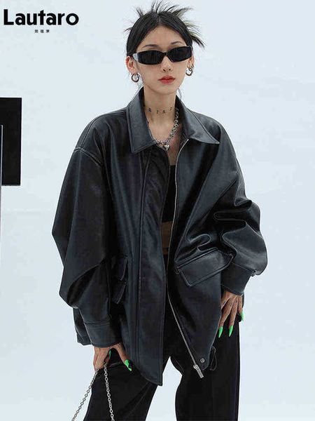 lautaro spring autumn oversized casual waterproof black soft pu leather jacket women with drop shoulder long sleeve fashion 2022 j220727
lautaro spring autumn oversized casual waterproof black soft pu leather jacket women with drop shoulder long sleeve fashion 2022 j220727