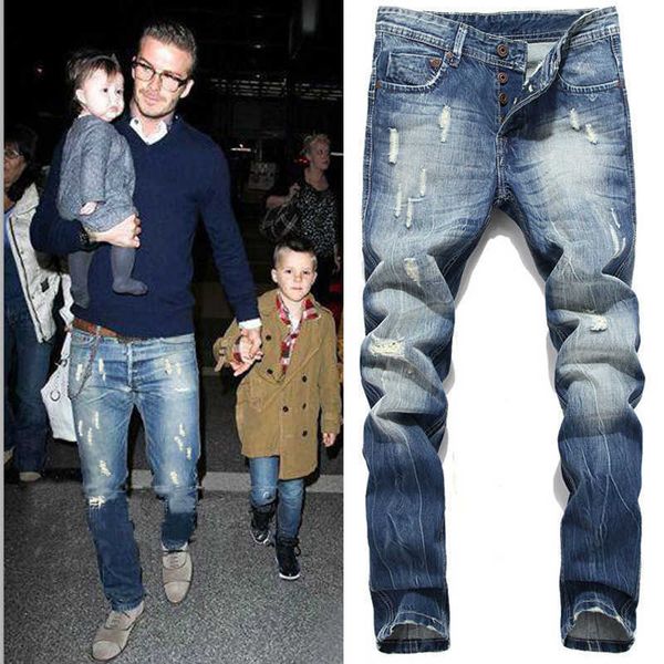 men's jeans new fashion beckham hole ripped hip hop men slim jeans trousers button fly washed vintage pencil denim pants pantnes hombre, Blue
men's jeans new fashion beckham hole ripped hip hop men slim jeans trousers button fly washed vintage pencil denim pants pantnes hombre, Blue