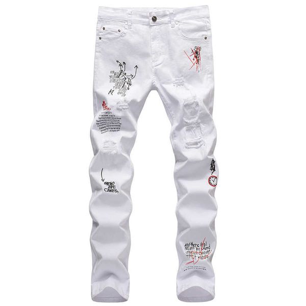 men's jeans men letters embroidery printed jeans streetwear slim straight stretch denim pants black white holes ripped trousers t221102, Blue
men's jeans men letters embroidery printed jeans streetwear slim straight stretch denim pants black white holes ripped trousers t221102, Blue