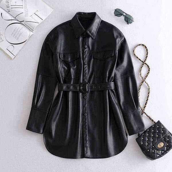 fmfssom 2022 spring brown with belt faux leather jacket women loose pockets turn down collar jacket long sleeve female outerwear j220727, Black
fmfssom 2022 spring brown with belt faux leather jacket women loose pockets turn down collar jacket long sleeve female outerwear j220727, Black