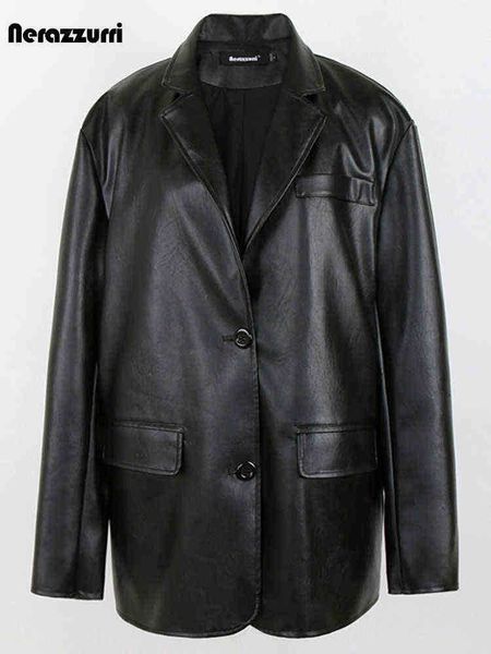 nerazzurri spring autumn black loose casual soft faux leather blazer women long sleeves single breasted korean fashion 2022 j220727
nerazzurri spring autumn black loose casual soft faux leather blazer women long sleeves single breasted korean fashion 2022 j220727