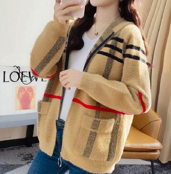luxury women's classic plaid stripe knitted cardigan sweaters casual long sleeves faux mink coat hooded jacket with zipper, White;black
luxury women's classic plaid stripe knitted cardigan sweaters casual long sleeves faux mink coat hooded jacket with zipper, White;black