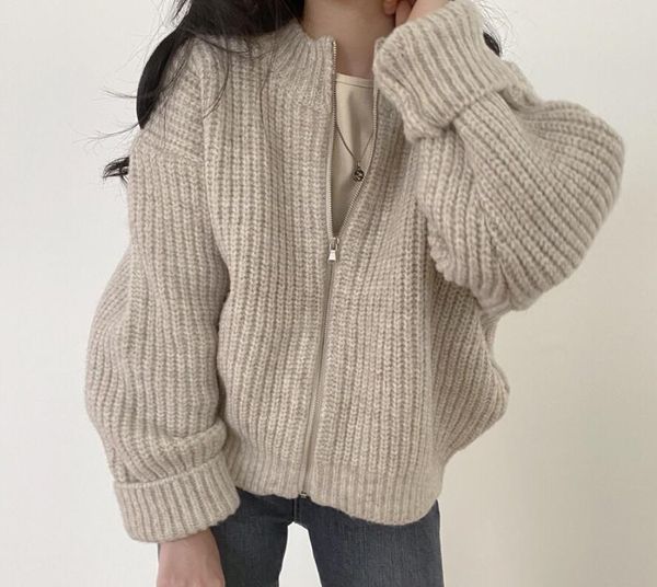 women's sweaters casual knitted cardigan autumn vintage zip-up solid loose long sleeve knitwear chic kpop, White;black
women's sweaters casual knitted cardigan autumn vintage zip-up solid loose long sleeve knitwear chic kpop, White;black