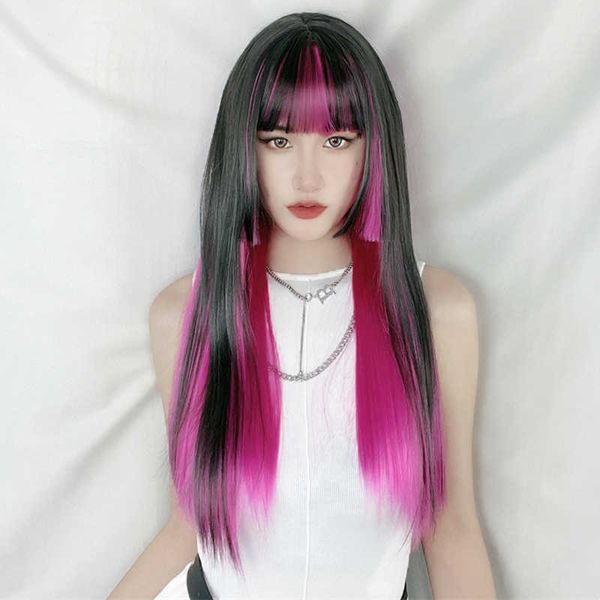 women's hair wigs lace synthetic korean highlights wig female air bangs long straight hair gradient high temperature silk head set, Black
women's hair wigs lace synthetic korean highlights wig female air bangs long straight hair gradient high temperature silk head set, Black