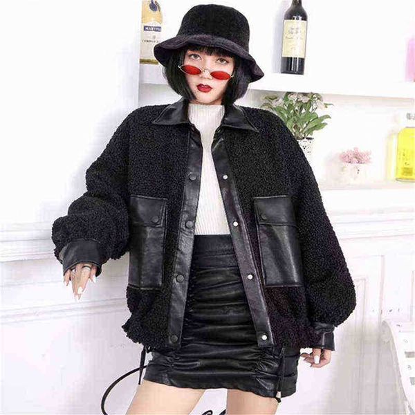 new autumn women pu leather stitching imitation lamb fur loose coat short girl warm rider coat artificial fur coat winter j220727, Black
new autumn women pu leather stitching imitation lamb fur loose coat short girl warm rider coat artificial fur coat winter j220727, Black