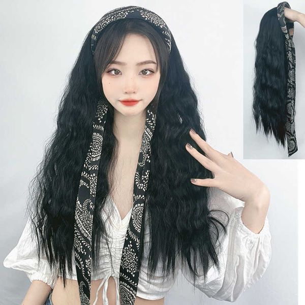 women's hair wigs lace synthetic summer band wig female streamer tie long net red braided hair big wave high temperature silk half cap, Black
women's hair wigs lace synthetic summer band wig female streamer tie long net red braided hair big wave high temperature silk half cap, Black