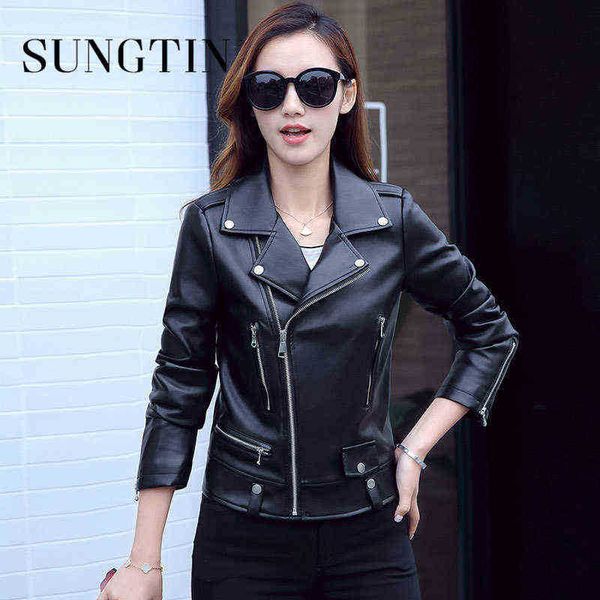 sungtin new design slim punk motorcycle jacket women classic cropped faux leather jacket autumn jackets female streetwear j220727, Black 
sungtin new design slim punk motorcycle jacket women classic cropped faux leather jacket autumn jackets female streetwear j220727, Black