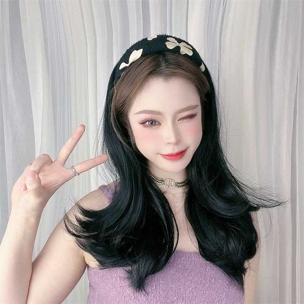 women's hair wigs lace synthetic wig female band half type medium long curly korean version wild big wave collarbone hair cap, Black
women's hair wigs lace synthetic wig female band half type medium long curly korean version wild big wave collarbone hair cap, Black