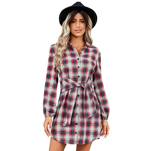 women plaid casual dresses long sleeve tie front button down v neck shirt dress, Black;gray
women plaid casual dresses long sleeve tie front button down v neck shirt dress, Black;gray