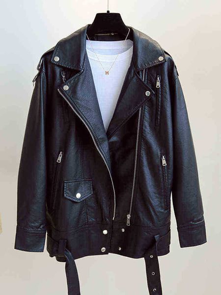 ftlzz spring autumn casual faux leather jacket women loose moto bike pu leather coat female chic black zipper outwear with belt j220727
ftlzz spring autumn casual faux leather jacket women loose moto bike pu leather coat female chic black zipper outwear with belt j220727