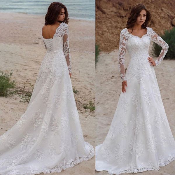vestios de novia lace up a-line wedding gowns v-neck appliques long sleeve bridal dresses, White
vestios de novia lace up a-line wedding gowns v-neck appliques long sleeve bridal dresses, White