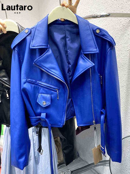lautaro spring autumn short blue soft pu leather biker jacket women zipper long sleeve belt cool luxury designer clothing 2022 j220727, Black
lautaro spring autumn short blue soft pu leather biker jacket women zipper long sleeve belt cool luxury designer clothing 2022 j220727, Black