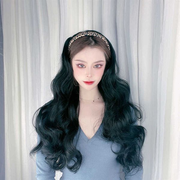 women's hair wigs lace synthetic wig female band half cap curly net red big wave long hair, Black
women's hair wigs lace synthetic wig female band half cap curly net red big wave long hair, Black