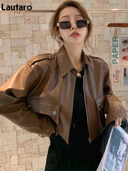 lautaro spring short brown casual faux leather jackets for women drop shoulder long sleeve pockets zipper cool corp 2022 j220727, Black
lautaro spring short brown casual faux leather jackets for women drop shoulder long sleeve pockets zipper cool corp 2022 j220727, Black