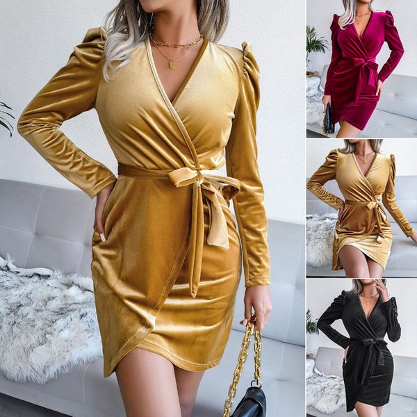 fashion designer dresses for woman puffed sleeves golden velvet wrap luxury black evening party dress european and american womens clothing, Black;gray
fashion designer dresses for woman puffed sleeves golden velvet wrap luxury black evening party dress european and american womens clothing, Black;gray