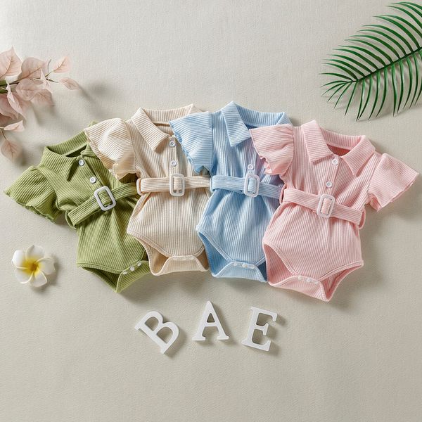 rompers infant baby romper solid color turn-down collar fly sleeve bodysuit with waist belt for summer 0-24 months 221115, Blue
rompers infant baby romper solid color turn-down collar fly sleeve bodysuit with waist belt for summer 0-24 months 221115, Blue