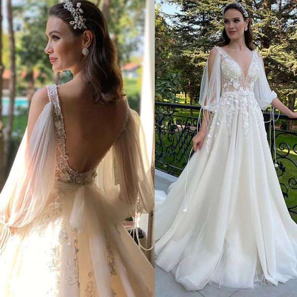 boho wedding dress 2022 v-neck long sleeves appliques lace 3d flowers bohemian wedding gown backless, White 
boho wedding dress 2022 v-neck long sleeves appliques lace 3d flowers bohemian wedding gown backless, White