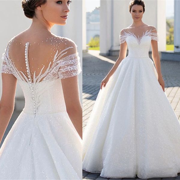 short sleeve romantic wedding dress sequin tulle beaded illusion bateau neck bridal gowns 2022 custom made, White
short sleeve romantic wedding dress sequin tulle beaded illusion bateau neck bridal gowns 2022 custom made, White