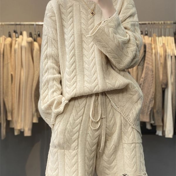 womens two piece pants autumn and winter pure wool knit pieces of round neck loose languid lazy sweater twist flower set thick wide leg shor, White
womens two piece pants autumn and winter pure wool knit pieces of round neck loose languid lazy sweater twist flower set thick wide leg shor, White