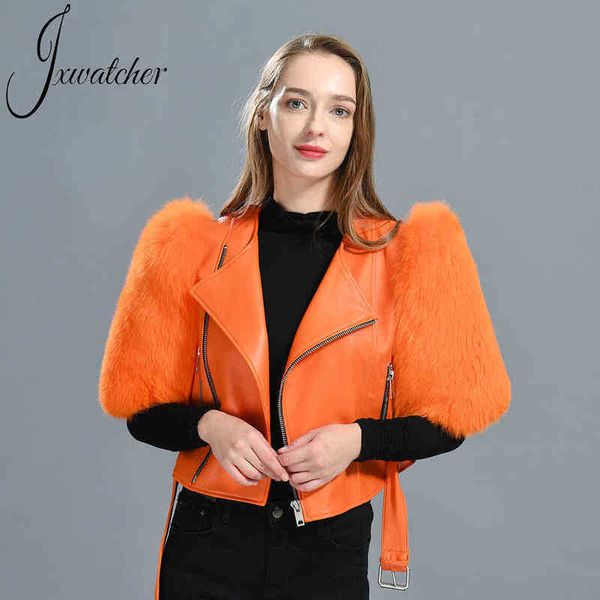 women genuine leather jacket genuine fox fur sleeve 2022 new arrival spring autumn sheepskin jacket solid color waistband cropped j220727, Black
women genuine leather jacket genuine fox fur sleeve 2022 new arrival spring autumn sheepskin jacket solid color waistband cropped j220727, Black