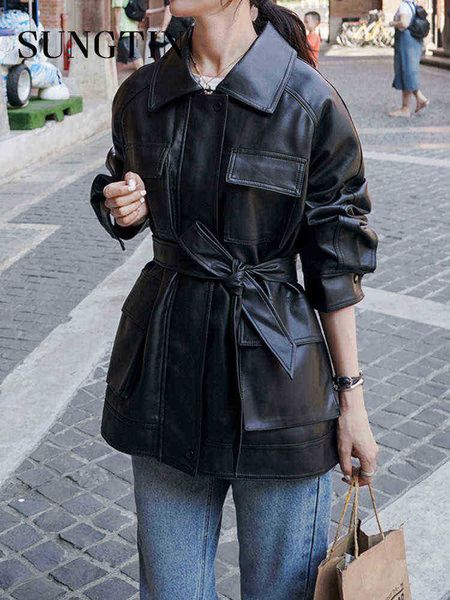 sungtin fashion oversize women's faux leather jacket with belt soft casual pu leather coats female black motorcycle vintage j220727
sungtin fashion oversize women's faux leather jacket with belt soft casual pu leather coats female black motorcycle vintage j220727