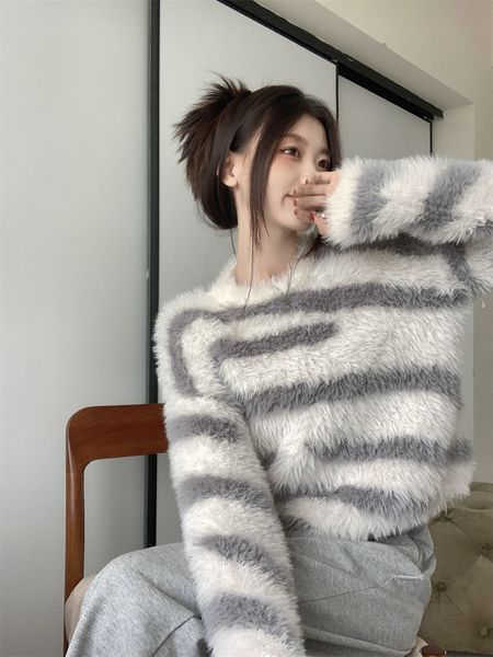 fashion women's sweater mohair loose sleeve contrast color stripe grey white round neck warm beautiful winter knit wear soft cute pullo, White;black
fashion women's sweater mohair loose sleeve contrast color stripe grey white round neck warm beautiful winter knit wear soft cute pullo, White;black
