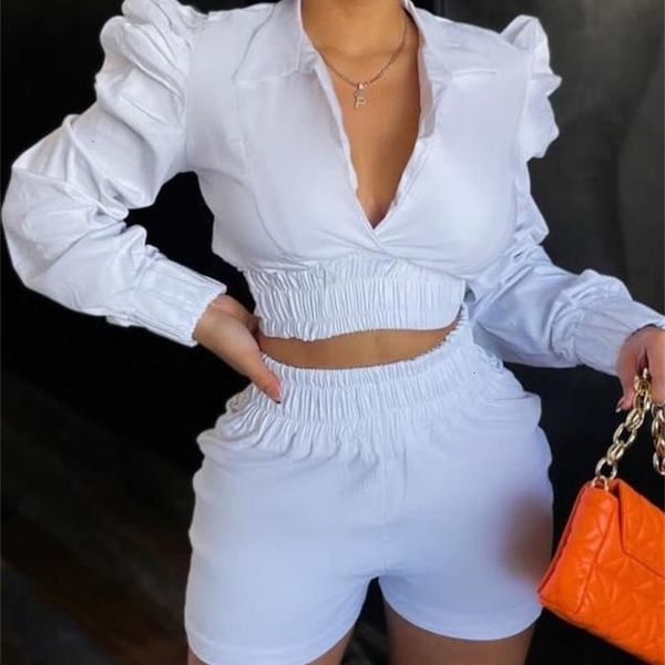 womens two piece pants sets outifits plain white puff sleeve long shirred crop casual daily shorts set autumn 221115
womens two piece pants sets outifits plain white puff sleeve long shirred crop casual daily shorts set autumn 221115