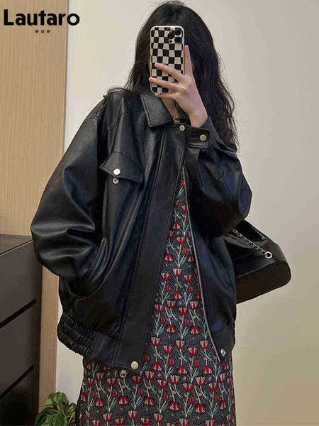 lautaro spring clothes for women autumn oversized black soft waterproof faux leather jacket zipper vintage casual loose fashion j220727
lautaro spring clothes for women autumn oversized black soft waterproof faux leather jacket zipper vintage casual loose fashion j220727