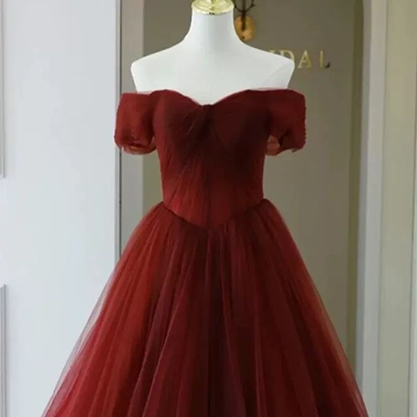 layers tulle burgundy evening dress off the shoulder prom gowns floor length, Black;red
layers tulle burgundy evening dress off the shoulder prom gowns floor length, Black;red