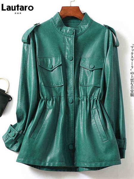 lautaro spring autumn luxury green black beige leather jacket women with drop shoulder long sleeves drawstring bags fashion j220727
lautaro spring autumn luxury green black beige leather jacket women with drop shoulder long sleeves drawstring bags fashion j220727