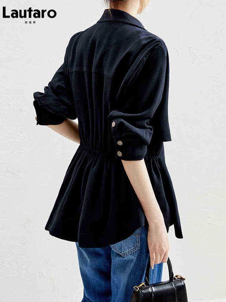 lautaro spring autumn short chic soft dark blue treffle jacket for women elastic waist single button ol luxury casual clothing 2022 j220727, Black
lautaro spring autumn short chic soft dark blue treffle jacket for women elastic waist single button ol luxury casual clothing 2022 j220727, Black