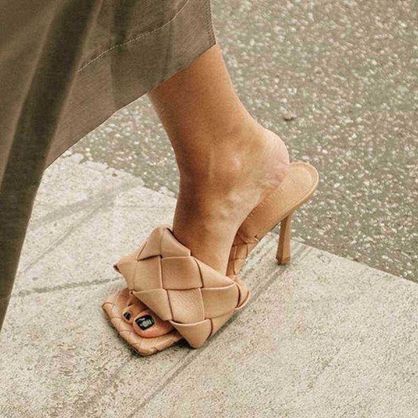 square toe high-heeled exposed leather sandals wear woven fashion net red design women's slippers, Black
square toe high-heeled exposed leather sandals wear woven fashion net red design women's slippers, Black
