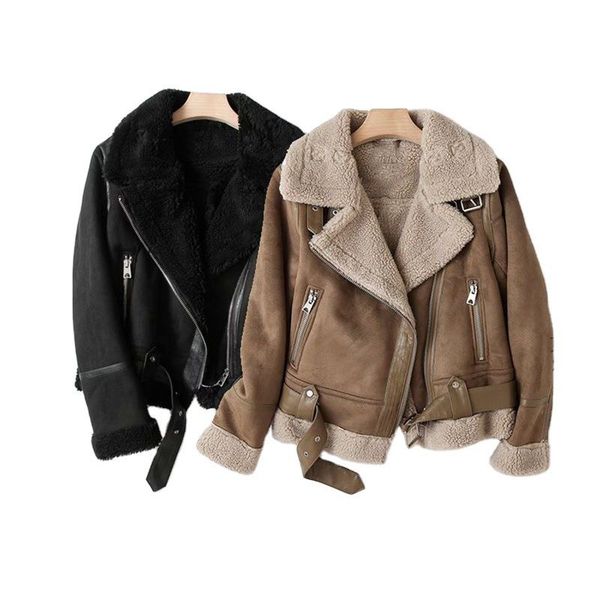 25 women's fur women winter lamb wool coat 2022 plus velvet thick leather jacket motorcycle suit warm size s-2xl, Black