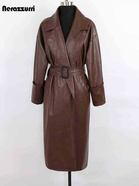 nerazzurri spring autumn long oversized white brown black pu leather trenchcoat for women belt runway european fashion 2022 j220727
nerazzurri spring autumn long oversized white brown black pu leather trenchcoat for women belt runway european fashion 2022 j220727